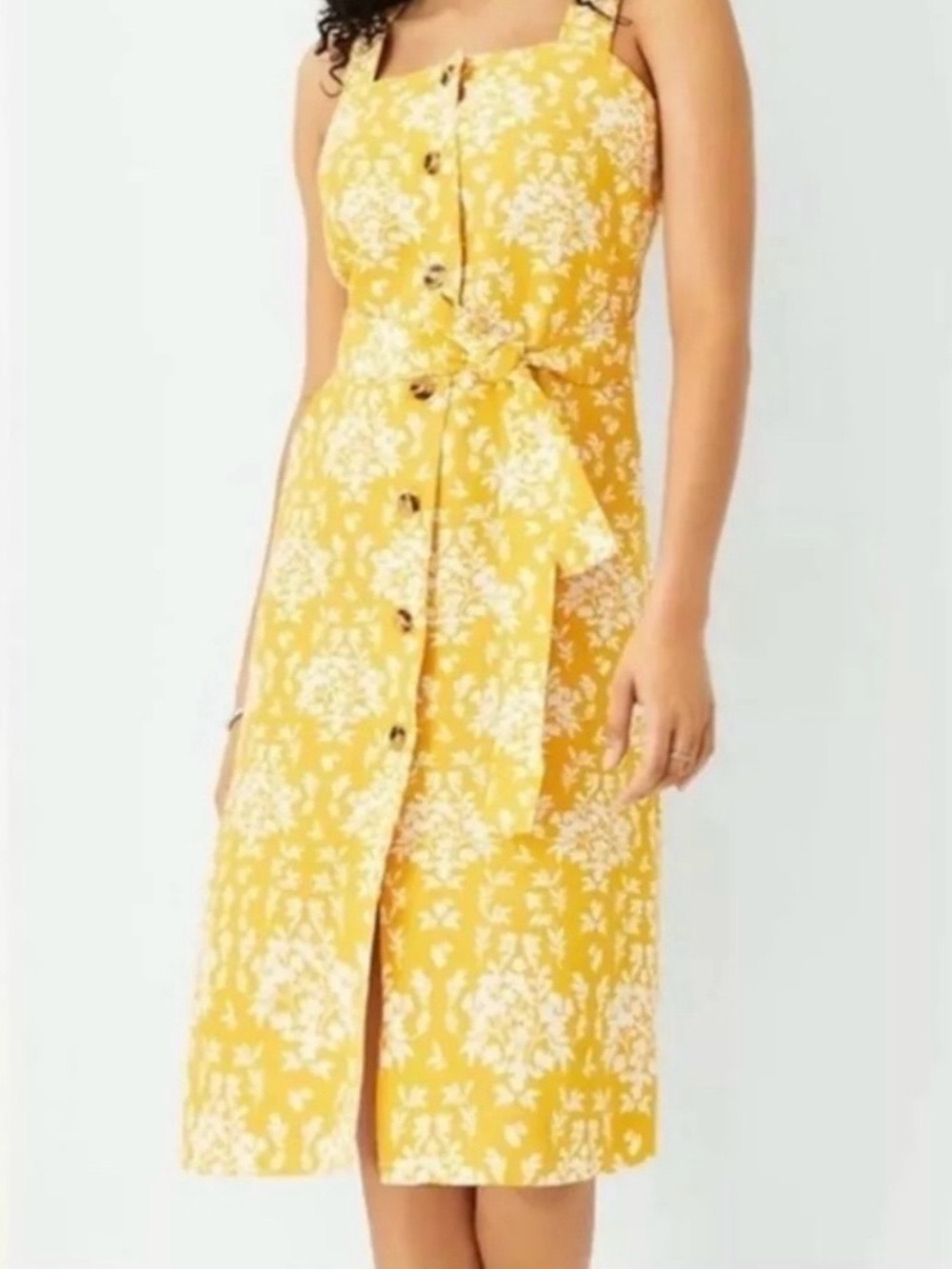 Ann Taylor Yellow Floral Button-Front Midi Dress with Tie Waist